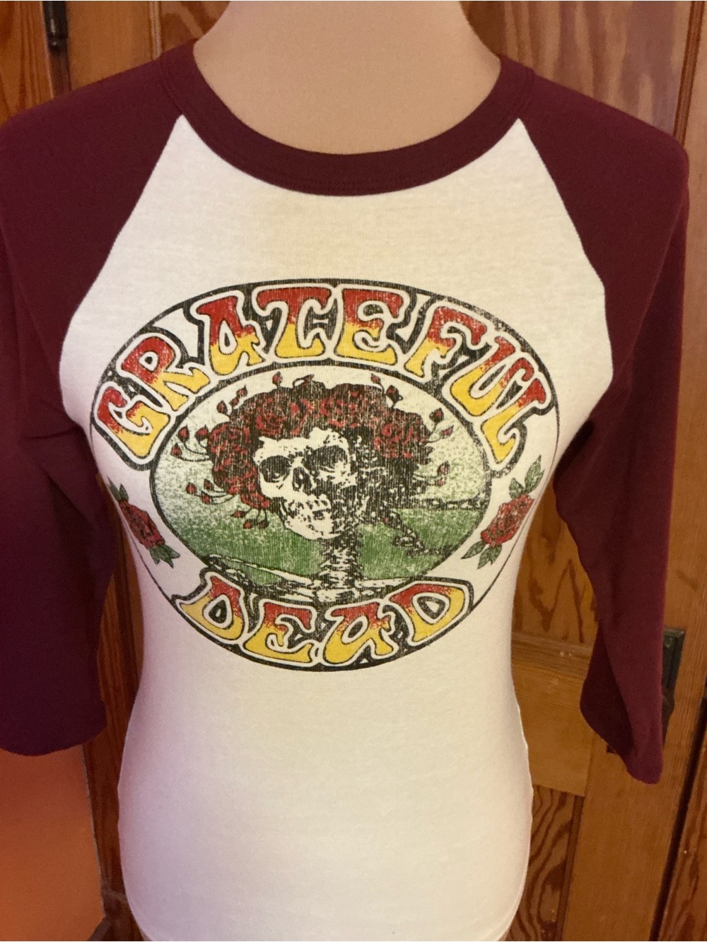 Grateful Dead Dancing Skeleton Roses Raglan Baseball Tee Shirt M Burgundy - Picture 4 of 7
